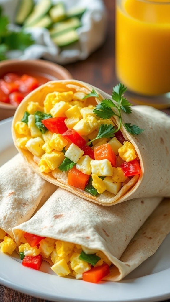 Breakfast tortilla wrap filled with eggs and vegetables, served with salsa and orange juice.